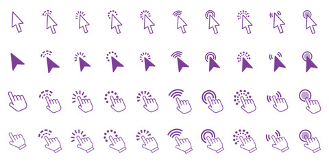 Mouse click cursor icon set. Hand finger and arrow cursor pointer symbol icons vector set. Assorted mouse click cursor pointer vector stock illustration. Varies different style graphic design.