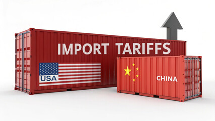 3D rendering of red shipping containers labeled "IMPORT TARIFFS," featuring USA and China flags with an upward arrow, symbolizing rising trade tensions