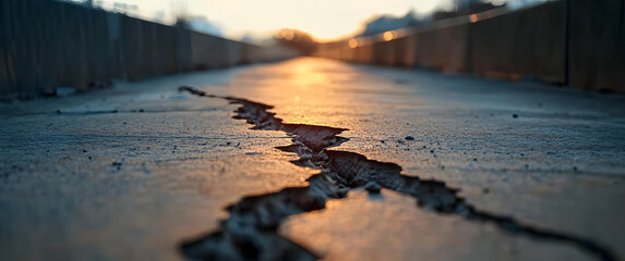 A substantial fissure in concrete. Earthquake concept image. This photo features selective focus.