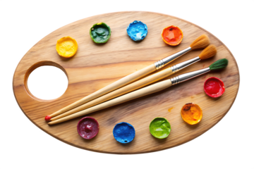 wooden-art-palette-with-blobs-of-paint isolated on white background PNG