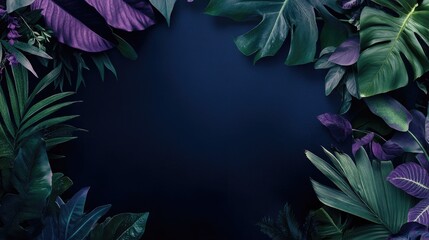 Tropical foliage frame on dark backdrop