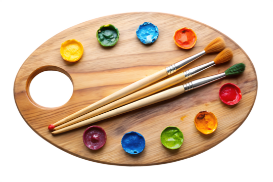 wooden-art-palette-with-blobs-of-paint isolated on white background PNG