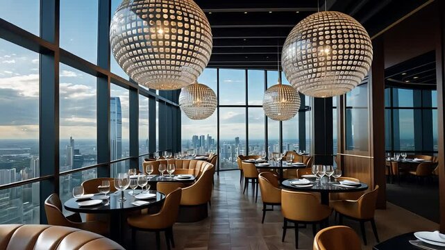 Luxurious rooftop restaurant with city skyline view, elegant dining tables, modern chandeliers, glass windows, upscale interior, evening ambiance, sophisticated decor