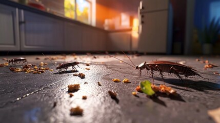 Cockroaches infest kitchen floor, crumbs scattered, sunlight streams in