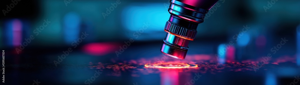Poster a close-up view of a stylus hovering over a vibrant surface, illuminated with colorful lighting, sho