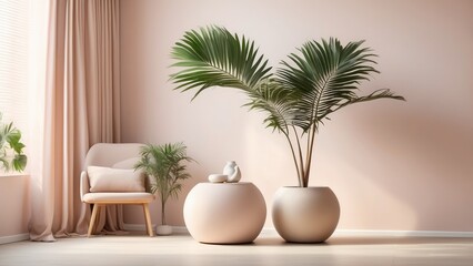 3d rendering of a plant in a vase on a table in front of, soft neon atmosphere