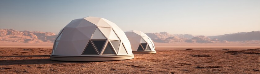 Futuristic geodesic domes set in a desert landscape, showcasing innovative architecture in an arid environment.
