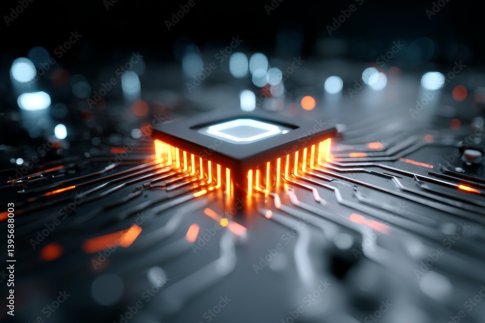 Poster illuminated microchip circuitry - close-up of a glowing microchip on a circuit board, showcasing int