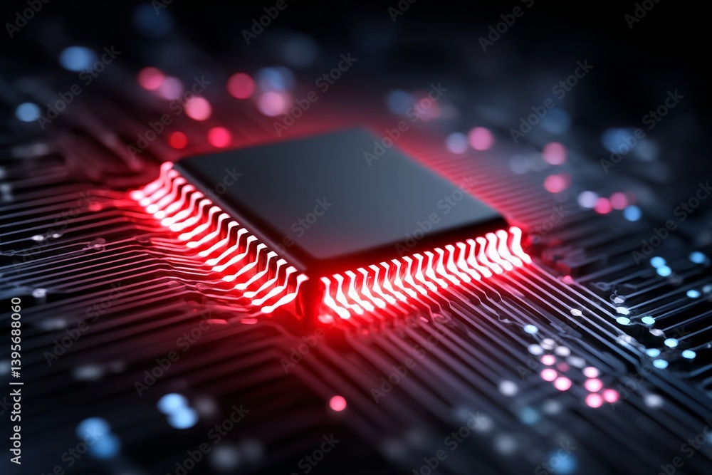 Poster illuminated microchip technology - close-up view of a microchip with red glowing connections, showca