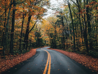 A picturesque road winding through the forest, lined with vibrant autumn foliage 