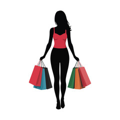 Stylized Woman Shopping with Colorful Bags - Vector Illustration