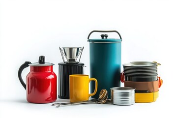 Colorful Camping Cookware Set Isolated on White Background for Outdoor Adventures