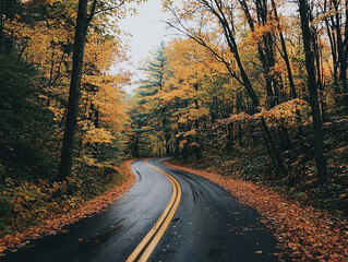 Obraz premium A picturesque road winding through the forest, lined with vibrant autumn foliage 