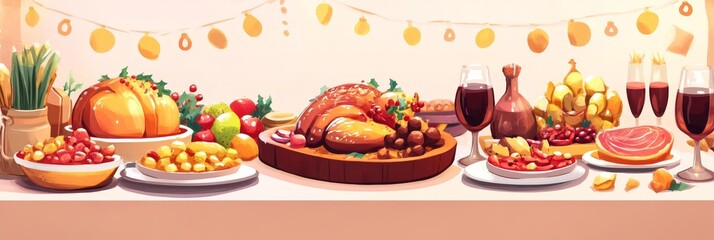 Festive table setting with roasted turkey, side dishes, wine glasses and pumpkins.