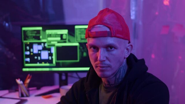 Medium close up portrait of confident male tattooed Caucasian hacker wearing red cap looking at camera in coding room with neon lighting