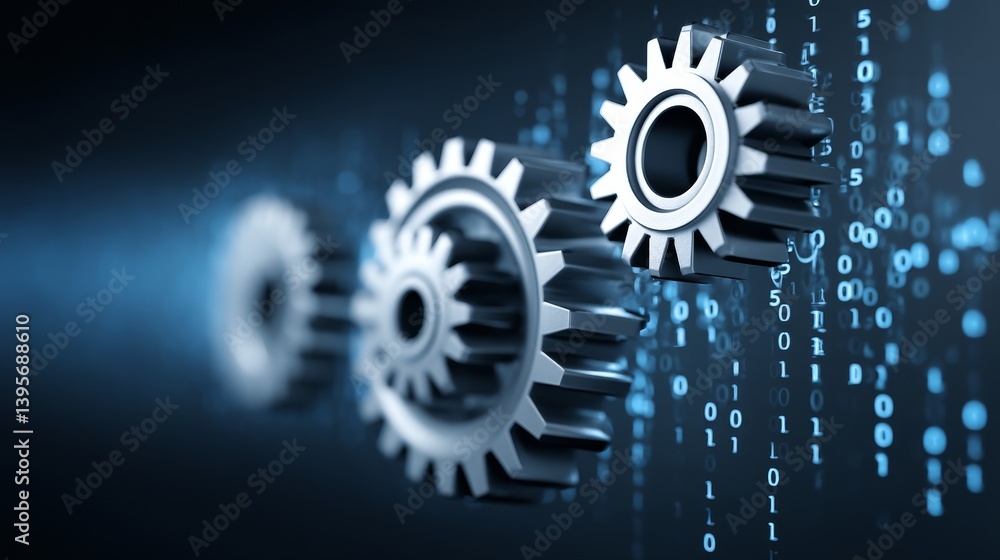 Poster interlocking gears and code - abstract of metallic gears interlocked against a backdrop of binary co