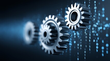 Interlocking Gears and Code - Abstract of metallic gears interlocked against a backdrop of binary code, symbolizing technology and innovation