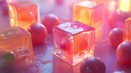 Abstract Candy Cubes: A Vibrant Still Life of Pink and Orange Cubes and Spheres