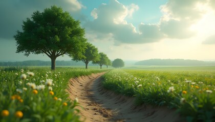 Obraz premium Countryside path between green trees and flowers