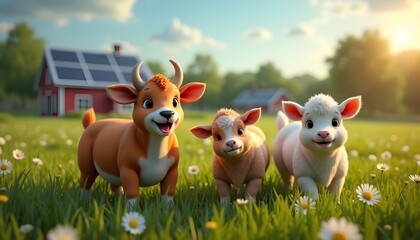 Cute calves in a green farm field