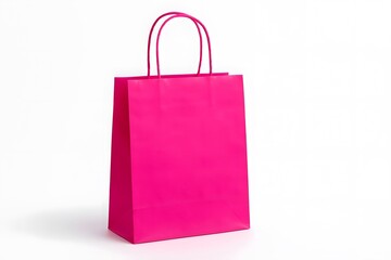 Bright pink shopping bag with handles standing on a white background. Minimalist and modern design, perfect for retail, branding, packaging, or promotional concepts.