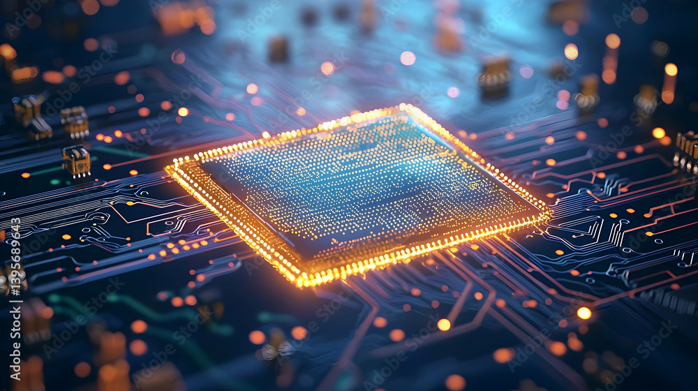 Poster glowing processor chip on circuit board