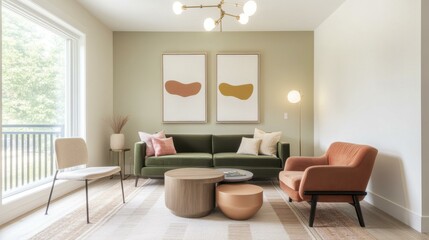 Fototapeta premium Modern Living Room with Green Sofa Orange Armchair Abstract Paintings