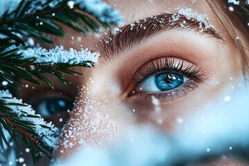 Serene winter scene capturing a young woman's face framed by delicate snowflakes