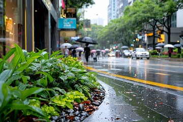 Busy urban street on a rainy day with people walking under umbrellas and warm storefront glow