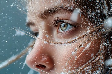 Girl with cascading hair partially obscured by snow in a tranquil winter setting