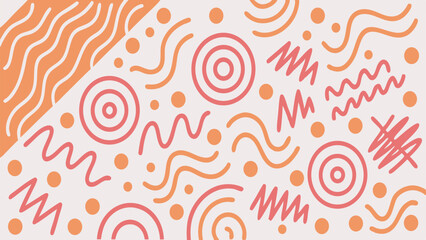 Seamless Memphis Geometric Pattern. Colorful Abstract 80s 90s Retro Background with Circles, Dots, Zigzags, Spirals, and Wavy Lines. Bright Orange Pink Fun Doodle Design for Kids.