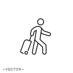 man holding suitcase icon, migration and tourist, passenger with rolling bag concept, thin line symbol isolated on white background, editable stroke eps 10 vector illustration