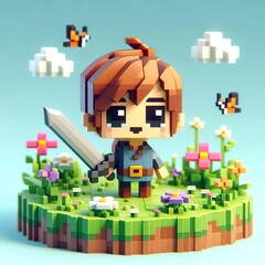 Character warrior little boy heroe with sword concept assets videogame, 3d isometric style voxel art