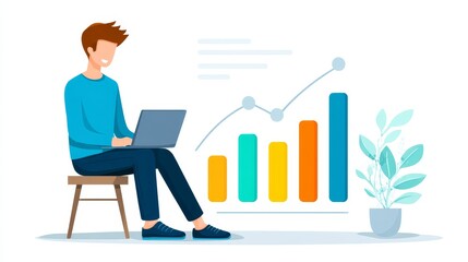 Man Reviewing Business Growth Chart - A man sits on a stool using a laptop, reviewing a colorful upward trending bar chart illustrating business growth