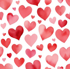 Hearts pattern. Red watercolor hearts on white background. Drawn with brush strokes.
