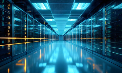 Advanced data center showcasing server cabinets and high tech equipment for cloud computing services