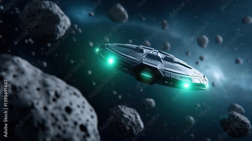 Poster a futuristic spaceship navigates through a field of asteroids in a dark, cosmic environment illumina