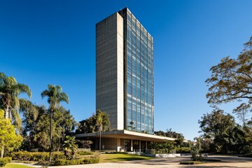 Glass-surfaced skyscraper reflects clear blue skies and lush greenery, offering a harmonious blend of nature and modern architecture.