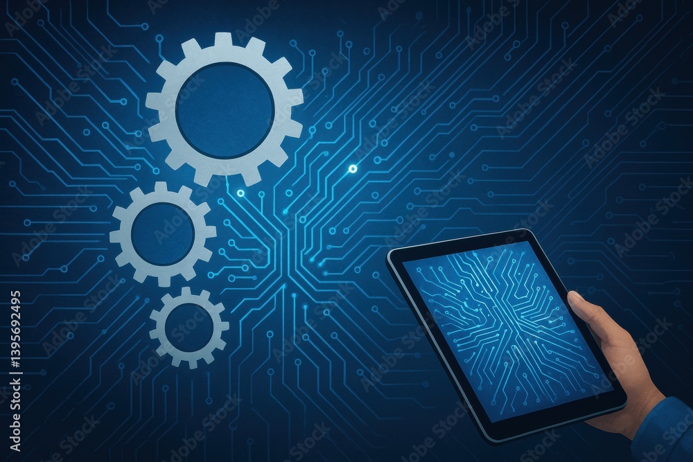 Poster a hand holds a tablet displaying a circuit design, with gears and a digital background symbolizing t