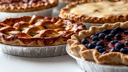 Delicious homemade pies, bakery display, white background, food photography