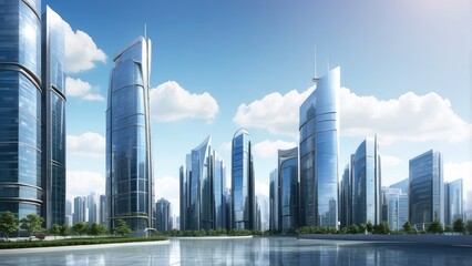 Naklejka premium modern glass skyscrapers with reflective surfaces against a blue sky with white clouds