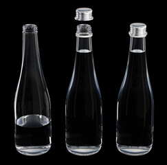 Glass water bottles with cap isolated on black. 3d illustration