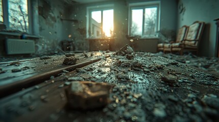 Interior of a dilapidated and destroyed room with debris and sunlit windows