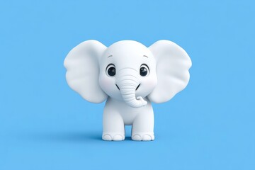 Fototapeta premium Cute, cartoonish, white elephant on a bright blue background. A digitally rendered, adorable, and friendly-looking baby elephant. Soft,