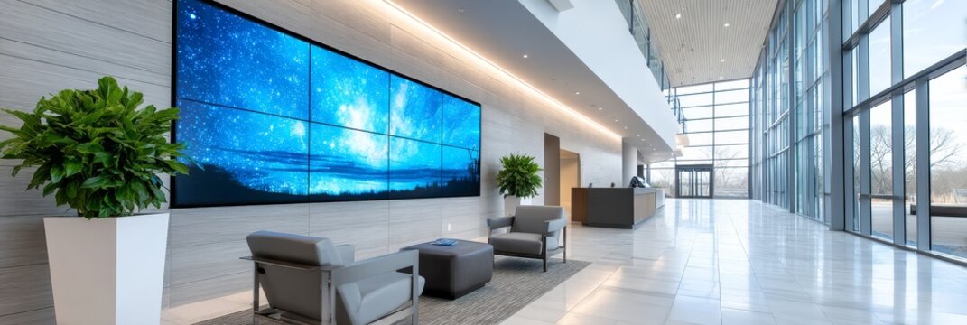 Modern Office Lobby with Large Video Wall - Spacious office lobby featuring a stunning large video wall displaying a serene nightscape, comfortable seating, and abundant natural light
