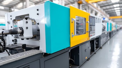 Modern Plastic Injection Molding Machines - Row of modern plastic injection molding machines in a factory setting. High-tech manufacturing equipment