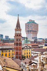 Obraz premium View from top of Duomo di Milano with the Bell tower of the catholic church of San Gottardo in Corte at the Royal Palace