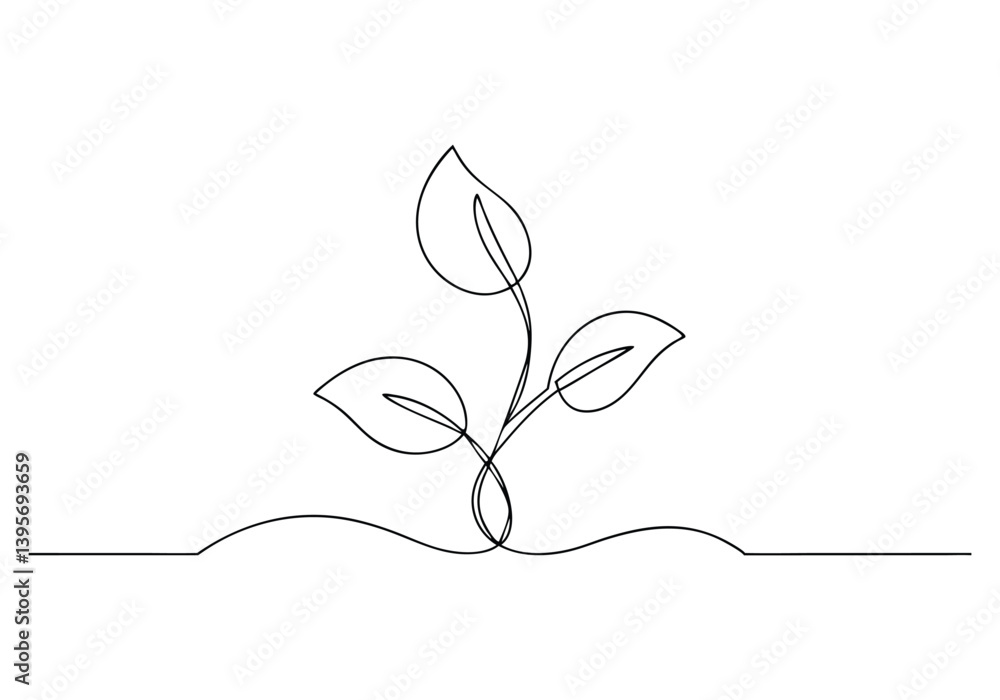 Poster single continuous line art of a growing sprout in minimalist vector style symbolizing growth and nat