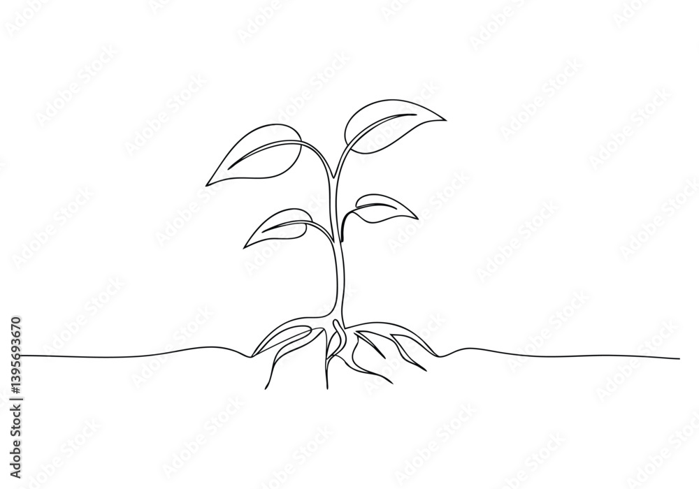 Poster single continuous line art of a growing sprout in minimalist vector style symbolizing growth and nat