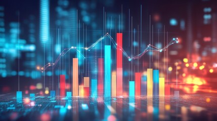 Abstract financial chart glowing over city night.